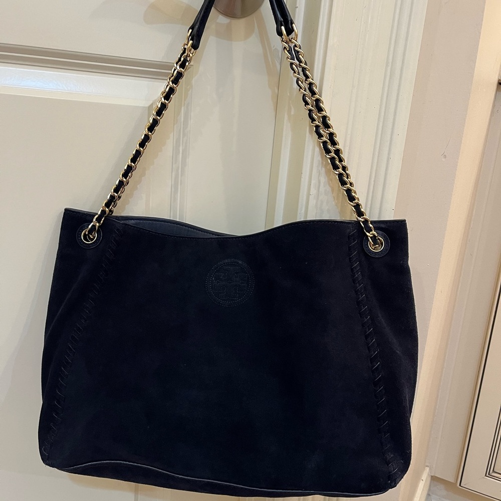 Tory Burch Suede Navy blue chain handbag purse Marion shoulder tote
